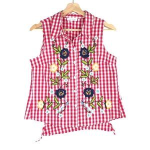 Lulumari Red & White Checkered Floral Embroidered Top  Size